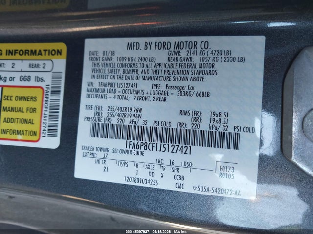 45097937 :رقم المزاد ، 1FA6P8CF1J5127421 vin ، 2018 Ford Mustang Gt مزاد بيع