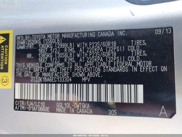 45097942 :رقم المزاد ، 2T2ZK1BA6EC133304 vin ، 2014 Lexus Rx 350 مزاد بيع