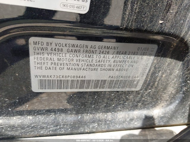 2008 Volkswagen Passat Komfort მანქანა იყიდება აუქციონზე, vin: WVWAK73CX8P089446, აუქციონის ნომერი: 45097957