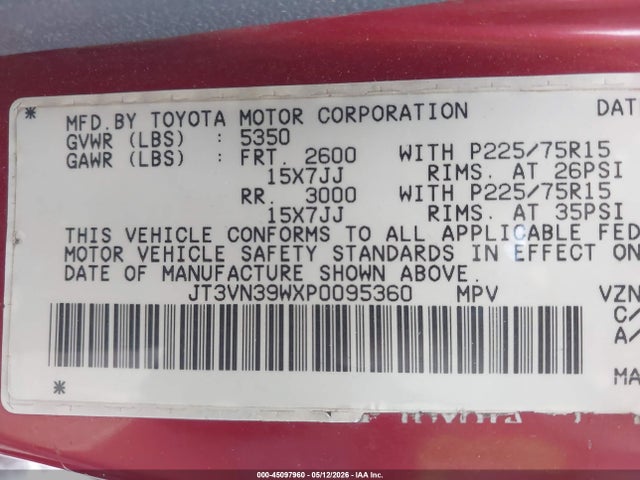 Продаж на аукціоні авто 1993 Toyota 4runner Vn39 Sr5, vin: JT3VN39WXP0095360, номер лоту: 45097960