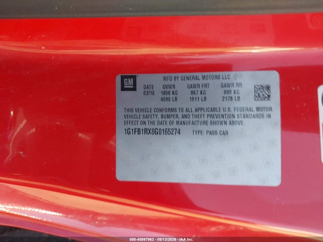 Продажа на аукционе авто 2016 Chevrolet Camaro 1lt, vin: 1G1FB1RX8G0165274, номер лота: 45097963