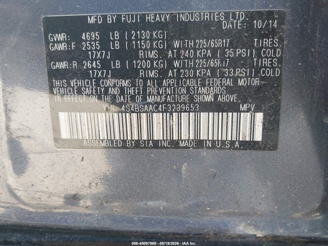 45097968 :رقم المزاد ، 4S4BSAAC4F3239653 vin ، 2015 Subaru Outback 2.5i مزاد بيع
