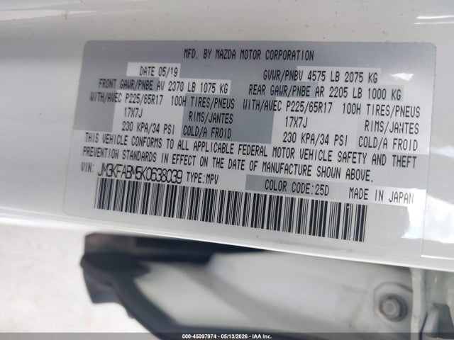 Aukcja sprzedaży 2019 Mazda Cx-5 Sport, vin: JM3KFABM5K0638039, numer aukcji: 45097974