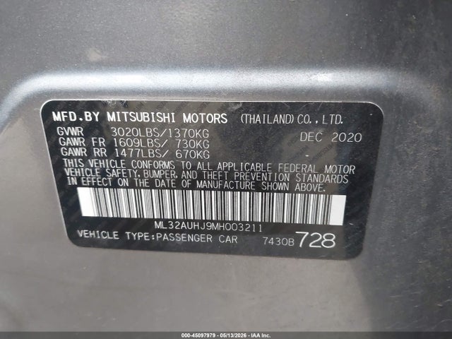 45097979 :رقم المزاد ، ML32AUHJ9MH003211 vin ، 2021 Mitsubishi Mirage Carbonite Edition/es/le مزاد بيع