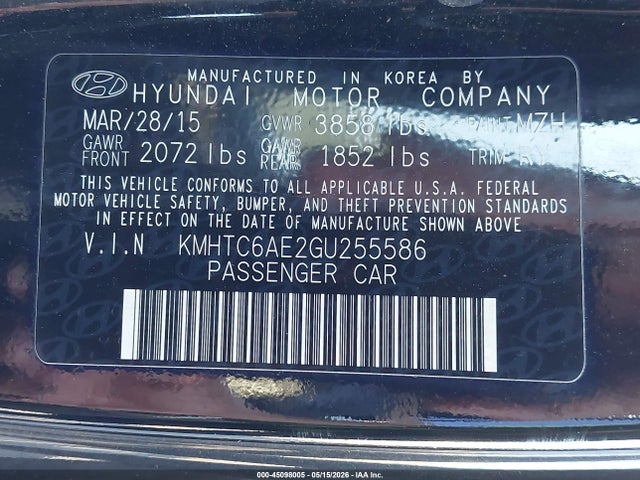 45098005 :رقم المزاد ، KMHTC6AE2GU255586 vin ، 2016 Hyundai Veloster Turbo مزاد بيع