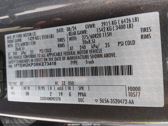 Aukcja sprzedaży 2024 Ford F-150 Stx, vin: 1FTEW2KP3RKE73418, numer aukcji: 45098007