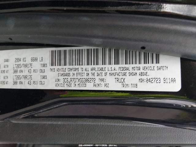 45098011 :رقم المزاد ، 3C6JR7DTXGG306272 vin ، 2016 Ram 1500 مزاد بيع