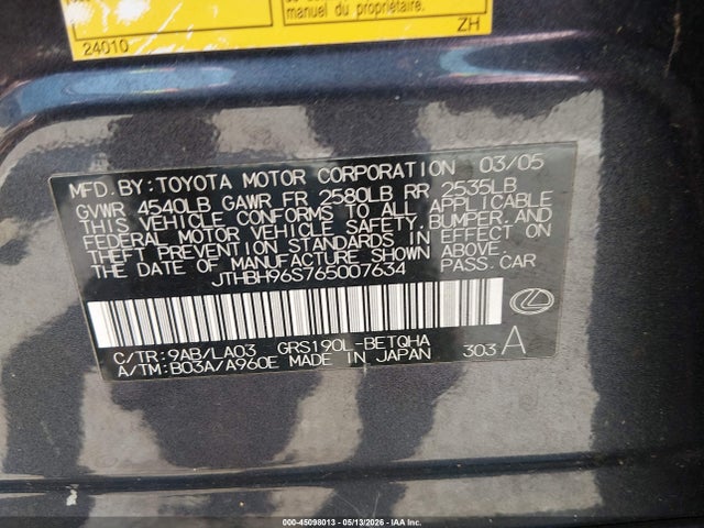 Aukcja sprzedaży 2006 Lexus Gs 300, vin: JTHBH96S765007634, numer aukcji: 45098013