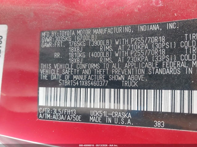 Aukcja sprzedaży 2008 Toyota Tundra Base 4.7l V8, vin: 5TBRT541X8S460377, numer aukcji: 45098016