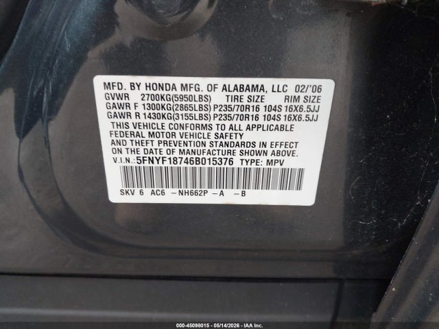 Продаж на аукціоні авто 2006 Honda Pilot Ex, vin: 5FNYF18746B015376, номер лоту: 45098015