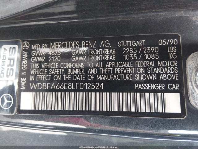 Продаж на аукціоні авто 1990 Mercedes-benz 500 Sl, vin: WDBFA66E8LF012524, номер лоту: 45098024
