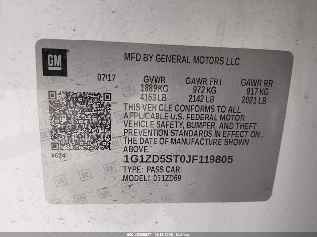 45098027 :رقم المزاد ، 1G1ZD5ST0JF119805 vin ، 2018 Chevrolet Malibu Lt مزاد بيع