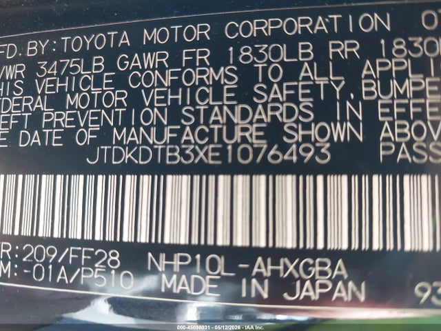 Aukcja sprzedaży 2014 Toyota Prius C Three, vin: JTDKDTB3XE1076493, numer aukcji: 45098031