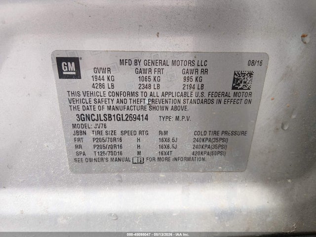 Aukcja sprzedaży 2016 Chevrolet Trax Lt, vin: 3GNCJLSB1GL269414, numer aukcji: 45098047