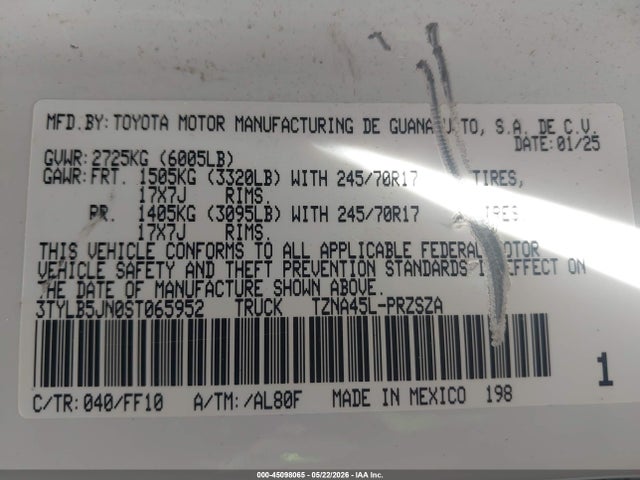 Aukcja sprzedaży 2025 Toyota Tacoma Sr5, vin: 3TYLB5JN0ST065952, numer aukcji: 45098065