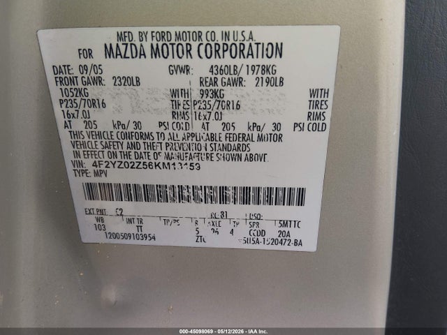 45098069 :رقم المزاد ، 4F2YZ02Z56KM13159 vin ، 2006 Mazda Tribute I مزاد بيع