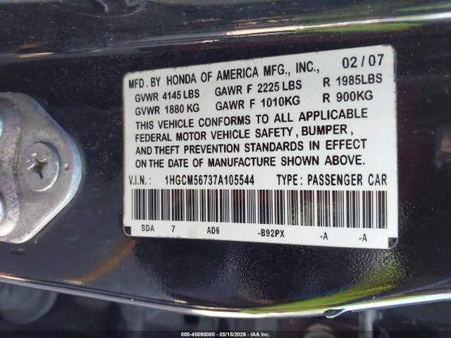 Продажа на аукционе авто 2007 Honda Accord 2.4 Ex, vin: 1HGCM56737A105544, номер лота: 45098080