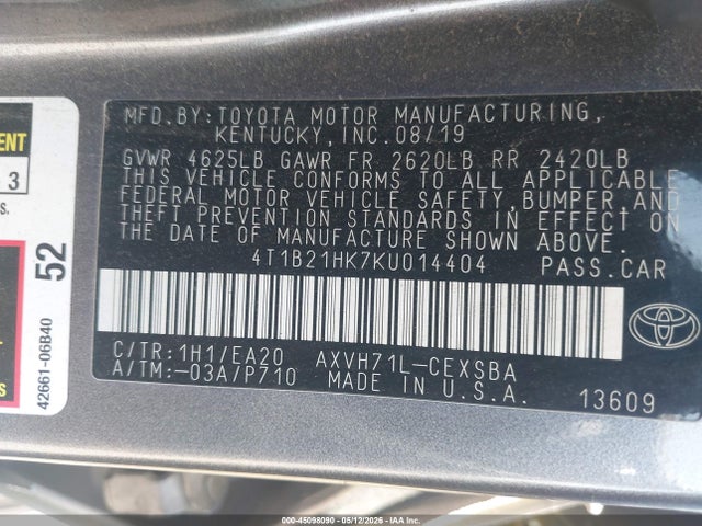 45098090 :رقم المزاد ، 4T1B21HK7KU014404 vin ، 2019 Toyota Camry Hybrid Se مزاد بيع