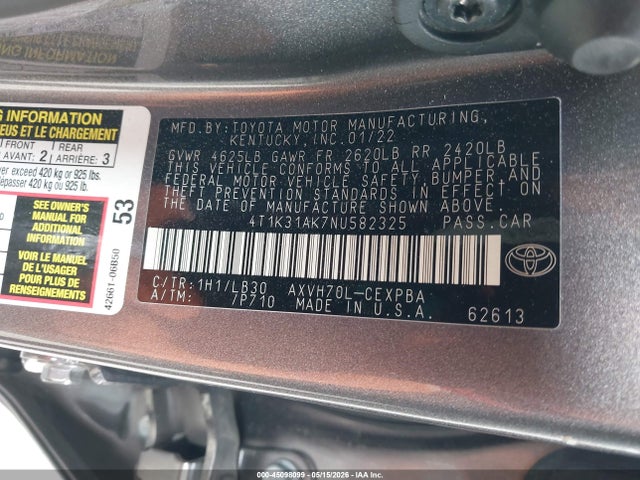 Продаж на аукціоні авто 2022 Toyota Camry Xse Hybrid, vin: 4T1K31AK7NU582325, номер лоту: 45098099