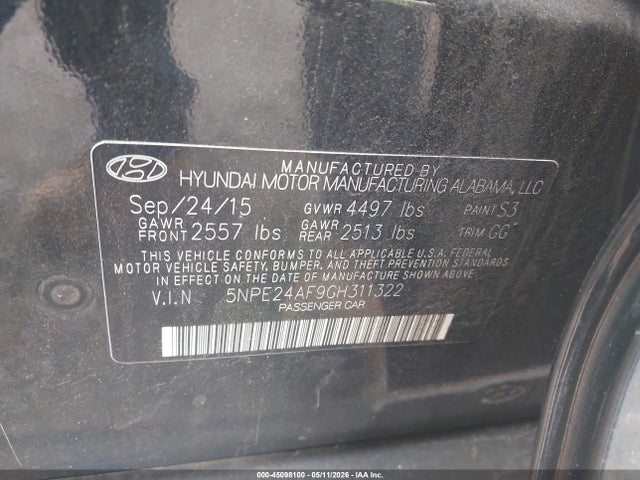 Aukcja sprzedaży 2016 Hyundai Sonata Se, vin: 5NPE24AF9GH311322, numer aukcji: 45098100
