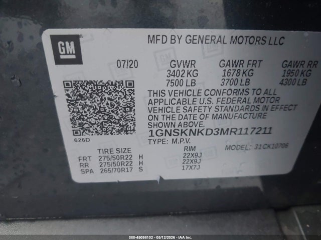 Продажа на аукционе авто 2021 Chevrolet Tahoe 4wd Lt, vin: 1GNSKNKD3MR117211, номер лота: 45098102
