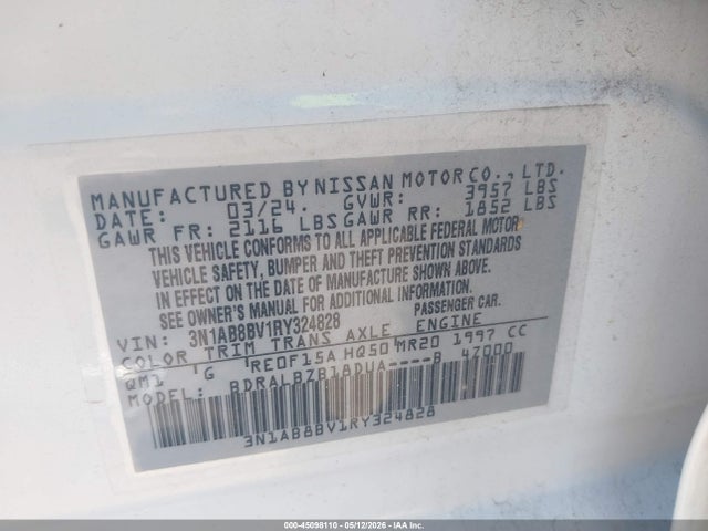 Aukcja sprzedaży 2024 Nissan Sentra S Xtronic Cvt, vin: 3N1AB8BV1RY324828, numer aukcji: 45098110