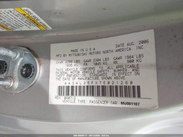 Продаж на аукціоні авто 2007 Mitsubishi Eclipse Spyder Gs, vin: 4A3AL25FX7E021260, номер лоту: 45098117