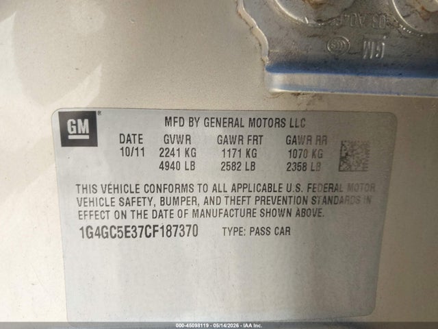 45098119 :رقم المزاد ، 1G4GC5E37CF187370 vin ، 2012 Buick Lacrosse Leather Group مزاد بيع