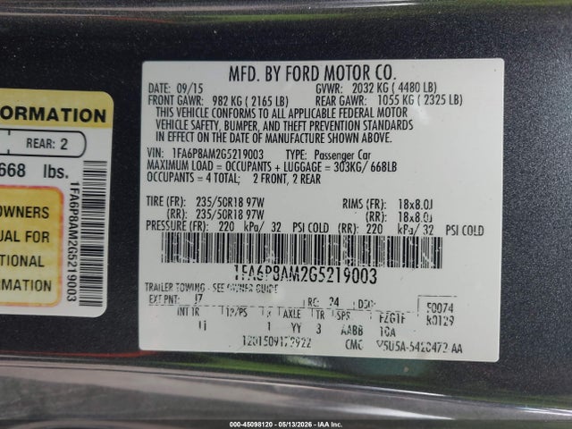 Aukcja sprzedaży 2016 Ford Mustang V6, vin: 1FA6P8AM2G5219003, numer aukcji: 45098120