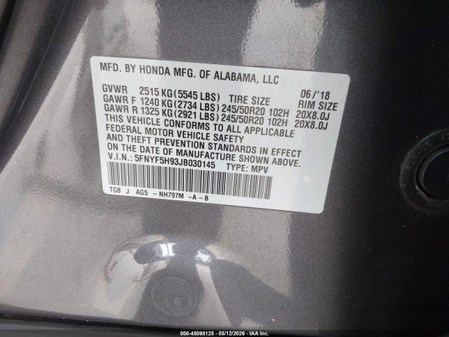 Honda Pilot Touring 2018 5FNYF5H93JB030145 Image 9