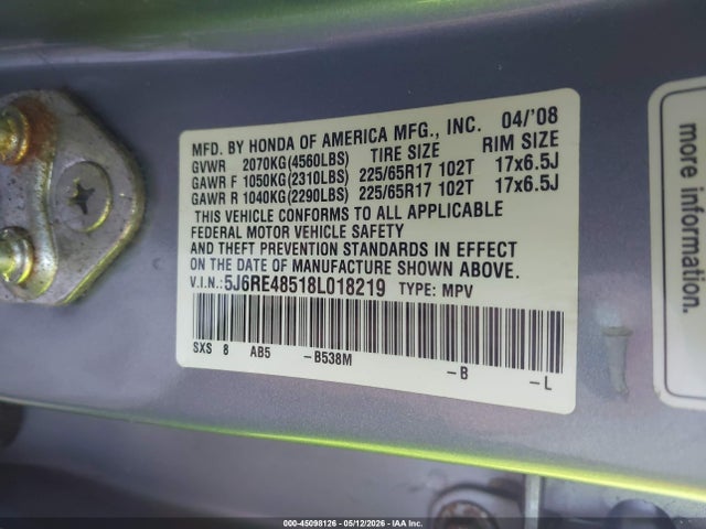 45098126 :رقم المزاد ، 5J6RE48518L018219 vin ، 2008 Honda Cr-v Ex مزاد بيع
