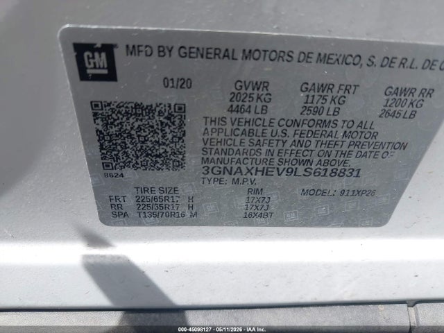 Aukcja sprzedaży 2020 Chevrolet Equinox Fwd Ls, vin: 3GNAXHEV9LS618831, numer aukcji: 45098127