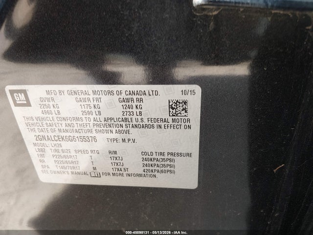2016 Chevrolet Equinox Lt მანქანა იყიდება აუქციონზე, vin: 2GNALCEK6G6155376, აუქციონის ნომერი: 45098131