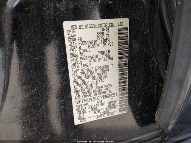 45098134 :رقم المزاد ، 5N1AR18U55C706051 vin ، 2005 Nissan Pathfinder Se مزاد بيع