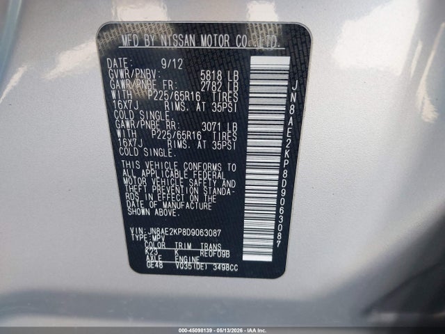 2013 Nissan Quest Sv მანქანა იყიდება აუქციონზე, vin: JN8AE2KP8D9063087, აუქციონის ნომერი: 45098139