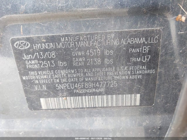 45098142 :رقم المزاد ، 5NPEU46F89H477725 vin ، 2009 Hyundai Sonata Limited V6 مزاد بيع