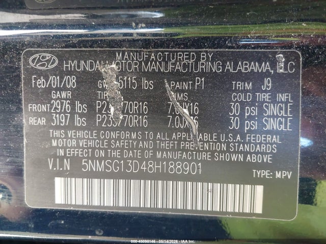 45098146 :رقم المزاد ، 5NMSG13D48H188901 vin ، 2008 Hyundai Santa Fe Gls مزاد بيع