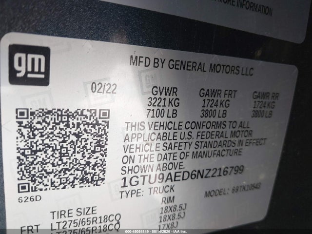 Aukcja sprzedaży 2022 Gmc Sierra 1500 Limited 4wd  Short Box Pro, vin: 1GTU9AED6NZ216799, numer aukcji: 45098149