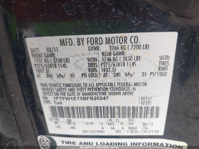 Продаж на аукціоні авто 2011 Ford F-150 Lariat, vin: 1FTFW1ET5BFB20247, номер лоту: 45098174