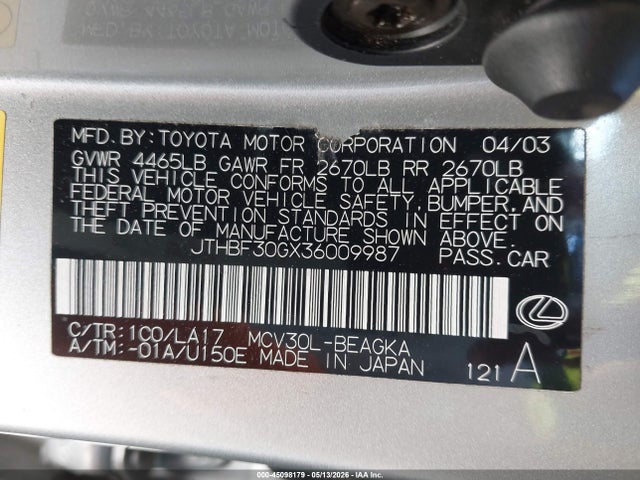 2003 Lexus Es 300 მანქანა იყიდება აუქციონზე, vin: JTHBF30GX36009987, აუქციონის ნომერი: 45098179