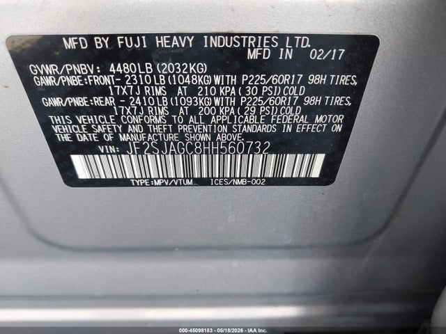 Aukcja sprzedaży 2017 Subaru Forester 2.5i Premium, vin: JF2SJAGC8HH560732, numer aukcji: 45098183