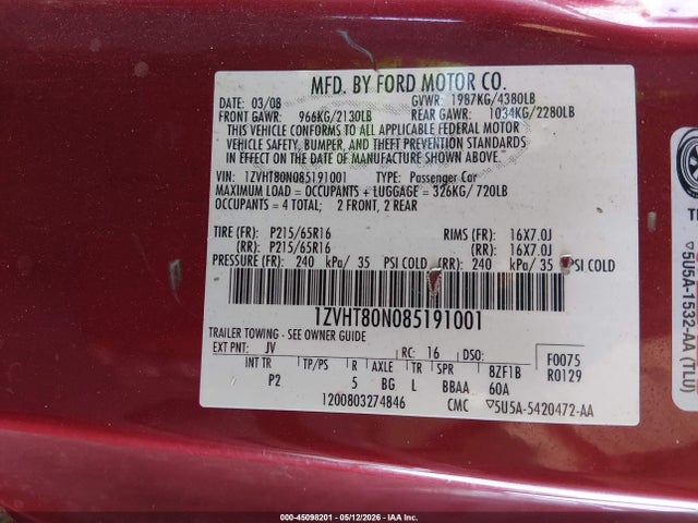 45098201 :رقم المزاد ، 1ZVHT80N085191001 vin ، 2008 Ford Mustang V6 Deluxe/v6 Premium مزاد بيع