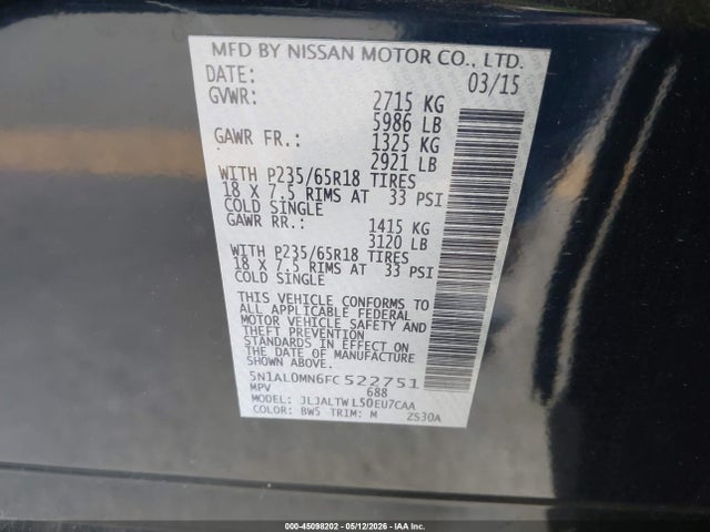 Aukcja sprzedaży 2015 Infiniti Qx60, vin: 5N1AL0MN6FC522751, numer aukcji: 45098202