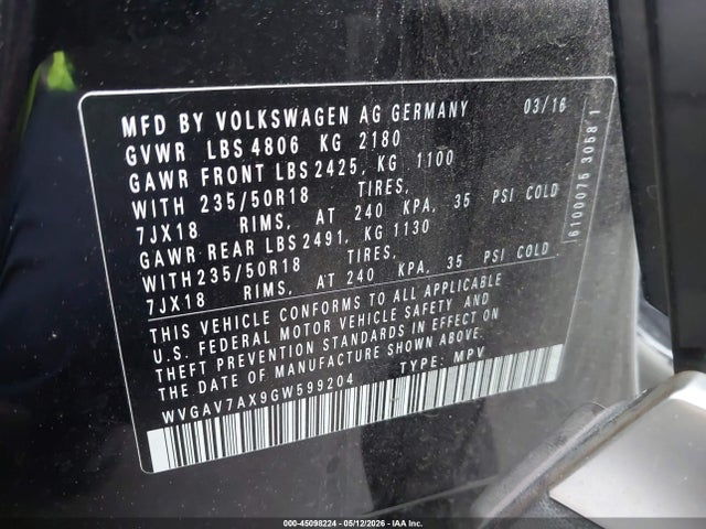 Aukcja sprzedaży 2016 Volkswagen Tiguan Se, vin: WVGAV7AX9GW599204, numer aukcji: 45098224