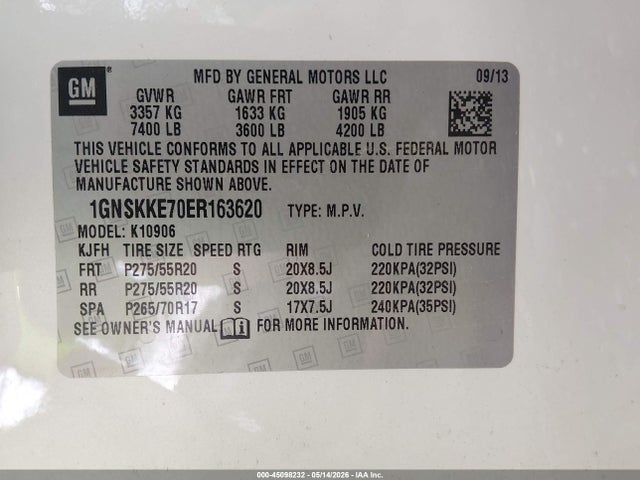 Продаж на аукціоні авто 2014 Chevrolet Suburban 1500 Ltz, vin: 1GNSKKE70ER163620, номер лоту: 45098232