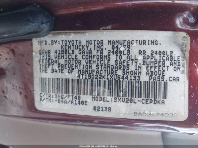 Продаж на аукціоні авто 1999 Toyota Camry Ce, vin: 4T1BG22K1XU544133, номер лоту: 45098236