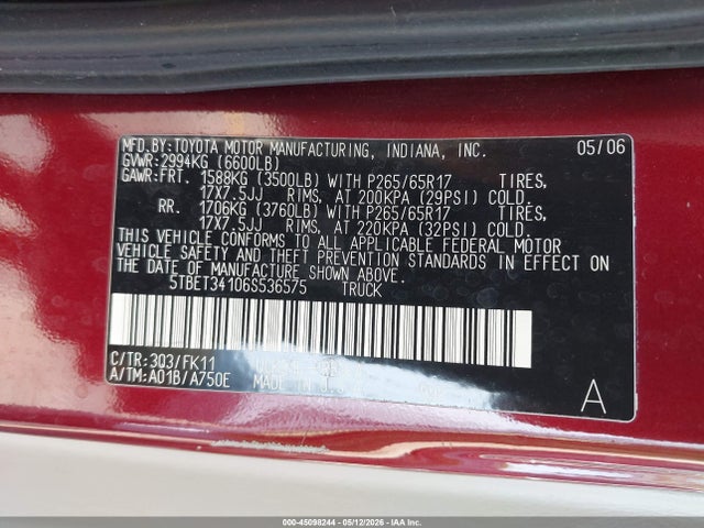 Продажа на аукционе авто 2006 Toyota Tundra Sr5 V8, vin: 5TBET34106S536575, номер лота: 45098244