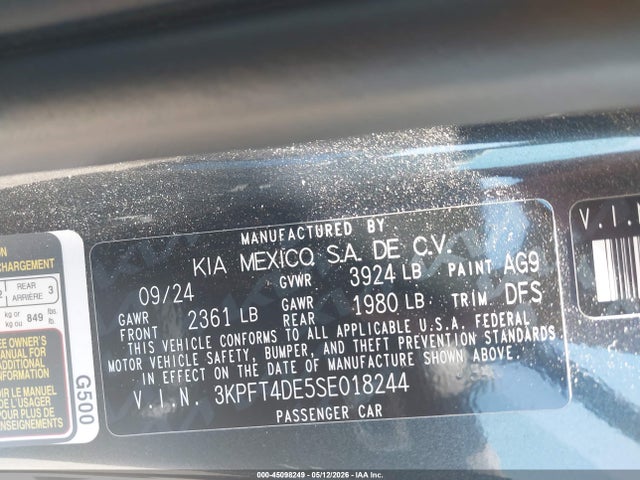 2025 Kia K4 Lxs მანქანა იყიდება აუქციონზე, vin: 3KPFT4DE5SE018244, აუქციონის ნომერი: 45098249