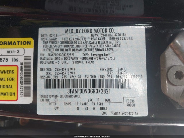 45098266 :رقم المزاد ، 3FA6P0D93GR372821 vin ، 2016 Ford Fusion Titanium مزاد بيع