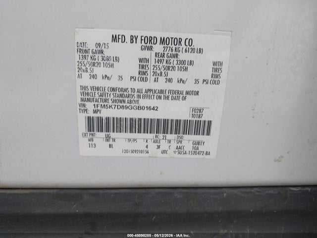 1FM5K7D89GGB01642 Ford EXPLORER XLT
